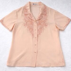Vintage Peony Silk Hand Embroidered Blouse Y2K Sheer Lace Coquette Fairy Boho L